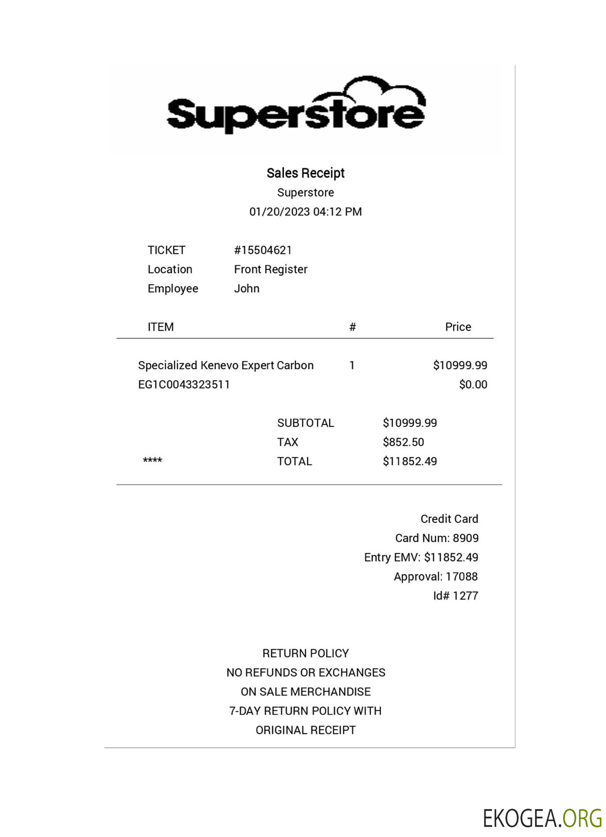 Reçu de paiement SUPERSTORE